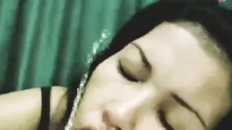 Asian slut masturbates and pisses on a mirror