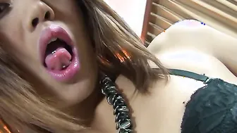Thai tranny with black hair and small tits Noon shows how to handle her cock