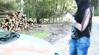Black haired slut with big tits having outdoor sex
