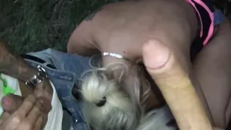 Skinny blonde outdoor amateur MMF threesome