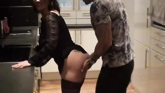 Sex in the kitchen with a dark haired milf in nylons