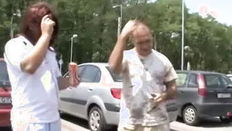 German guys pick up a skinny woman on the street for outdoor threesome