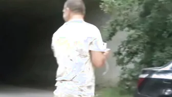German guys pick up a skinny woman on the street for outdoor threesome