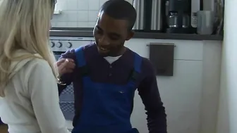 Petite German blonde seduces black handyman for sex