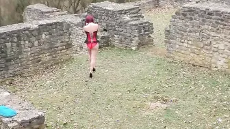Amateur outdoor sex with a redhead slut in lingerie