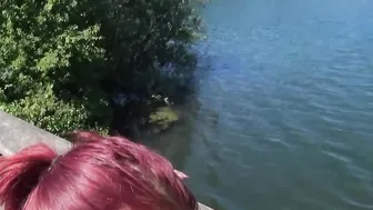 Redhead German slut gives an outdoor POV blowjob