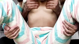 Pajamas porn video – Stepdad posing petting tiny boobs and bald cunt inside pajama