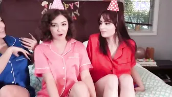 Lucky burglar fucks three busty teens