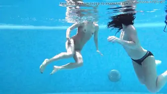 Jessica and Lindsay swim nude inside the pool