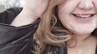 Outside Facial on a irresistible Face chubby cunt with mouth after a Head