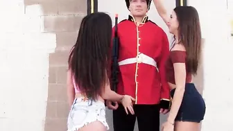 OUTSIDE HANDJOBS Gia Paige and Riley Reid seduce a royal guard and suck his nuts