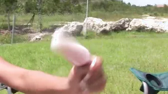BrookeSkye and Asian Babe Licking and Masturbating Dildo Outdoor