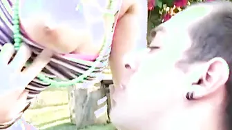 Busty teen rides cock outdoors
