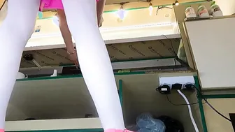 Super dark haired 18 year old upskirted at work while serving customers