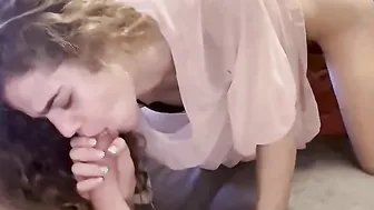 Cute faced teen sucks cock while drilled by BBC