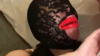Sumisa Goddess ex-wife receiving a Hot cummed while wearing a african lace mask and latex lips