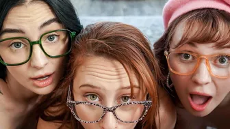 POV fucking three busty nerd girlfriends
