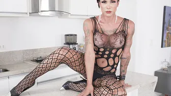 Busty transsexual Ashley Ferraz solo masturbation in lingerie
