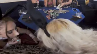 Pretty ladies Gianna Dior Kenzie Love and Violet Starr risk it all inside a homemade poker tournament with a gigantic cock professional