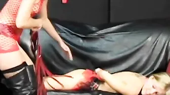 Young blonde bitch covered with wax before licking lezdoms snatch