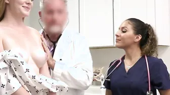 Curly Latina nurse and hot patient sharing doctor