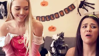 Kylie Rocket and her friend Lily Larimar have clothed up into skanky Halloween outfits that