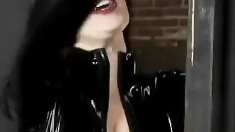 Rubber dom whipping fetish sub into the prison