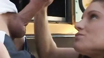 Adorable chick is washing the bus but suddenly she is gets her bang