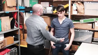 Sexy young thief sprays warm cum while being bareback fucked