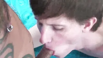 Horny twink rides tattoed daddies big hard cock on the bed