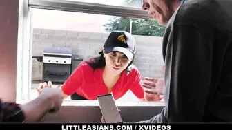 Little oriental Pizza Delivery women (Ember Snow) Gets Stuck into the Window - TeamSkeet