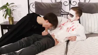 Kinky costume fetish twinks drilling hardcore on the bed