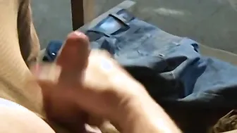 Hunk pulls his dick out to jerk off and cum hard