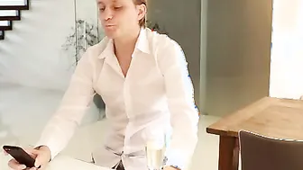 Jenny Wild enjoying a glass of wine as she texts her beau Stanley Johnson to urge him to come on