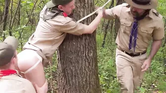 Uniform hunk Angus drills tied twink raw after anal play
