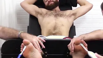 Exposed Tommy gets tickle  and brush treatment