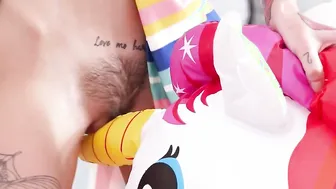 European girl with big boobs satisfies her wet hairy pussy