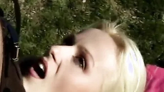 Blonde bimbo cunt licked finger fucked and nailed outside
