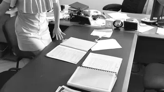 The boss fucks his small secretary on the office table and films