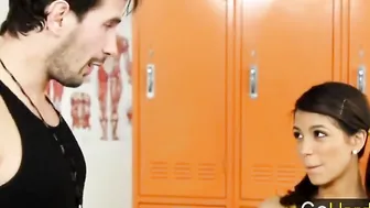 Coach meats very cute student in locker room.