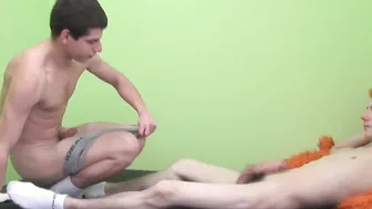 Skinny twink loves sucking one thick hairy cock with passion