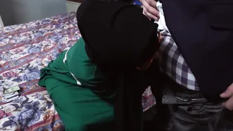 Beautiful arab babe blows two big dicks to earn extra