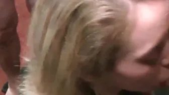 Bukkake loving MILF drooling on dicks while sucking them