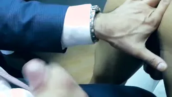 Elegant hunk wears slick blue suit while ramming hot stud