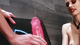 Blonde tgirl River Enza hardcore dildo drilled by dominatrix