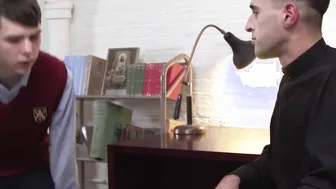 Young catholic jerks off while daddy drills him with toys
