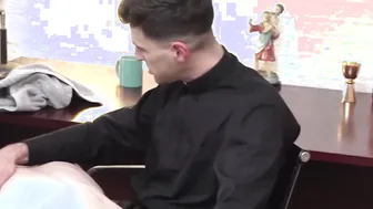 Young catholic jerks off while daddy drills him with toys