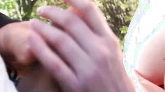 European babe swallows cock outdoors before doggystyle