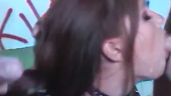 Sensual dark haired teens with irresistible booty getting spitroasted anally