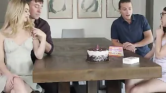 Jay Romero has invited Molly Little and Chad Alva over for a birthday party for Leana Lovings. Leana sucks out